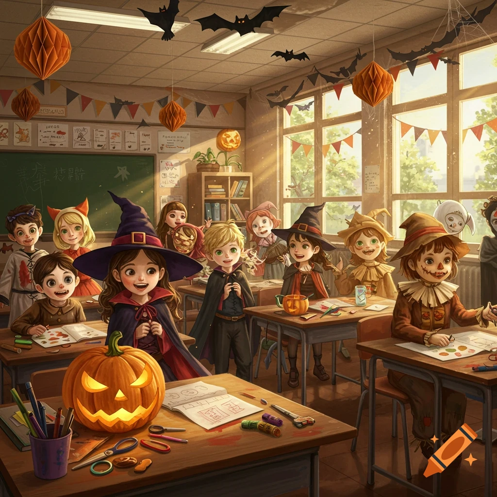 Children in Halloween costumes celebrate in a brightly lit classroom decorated with bats and pumpkins, engaged in arts and crafts.