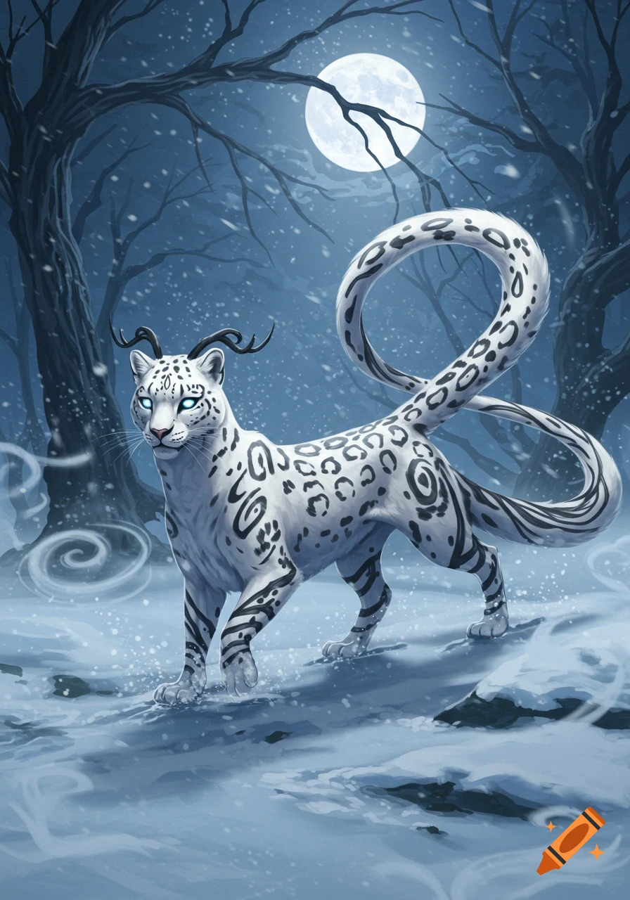 A fantasy snow leopard with horns and a coiled tail, with glowing blue eyes, stands in a snowy forest at night under a full moon.