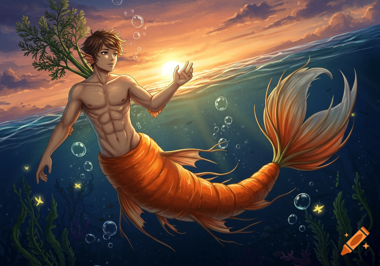 An anime-style merman with brown hair and an orange carrot root tail swims underwater at sunset, surrounded by bubbles and glowing marine life.