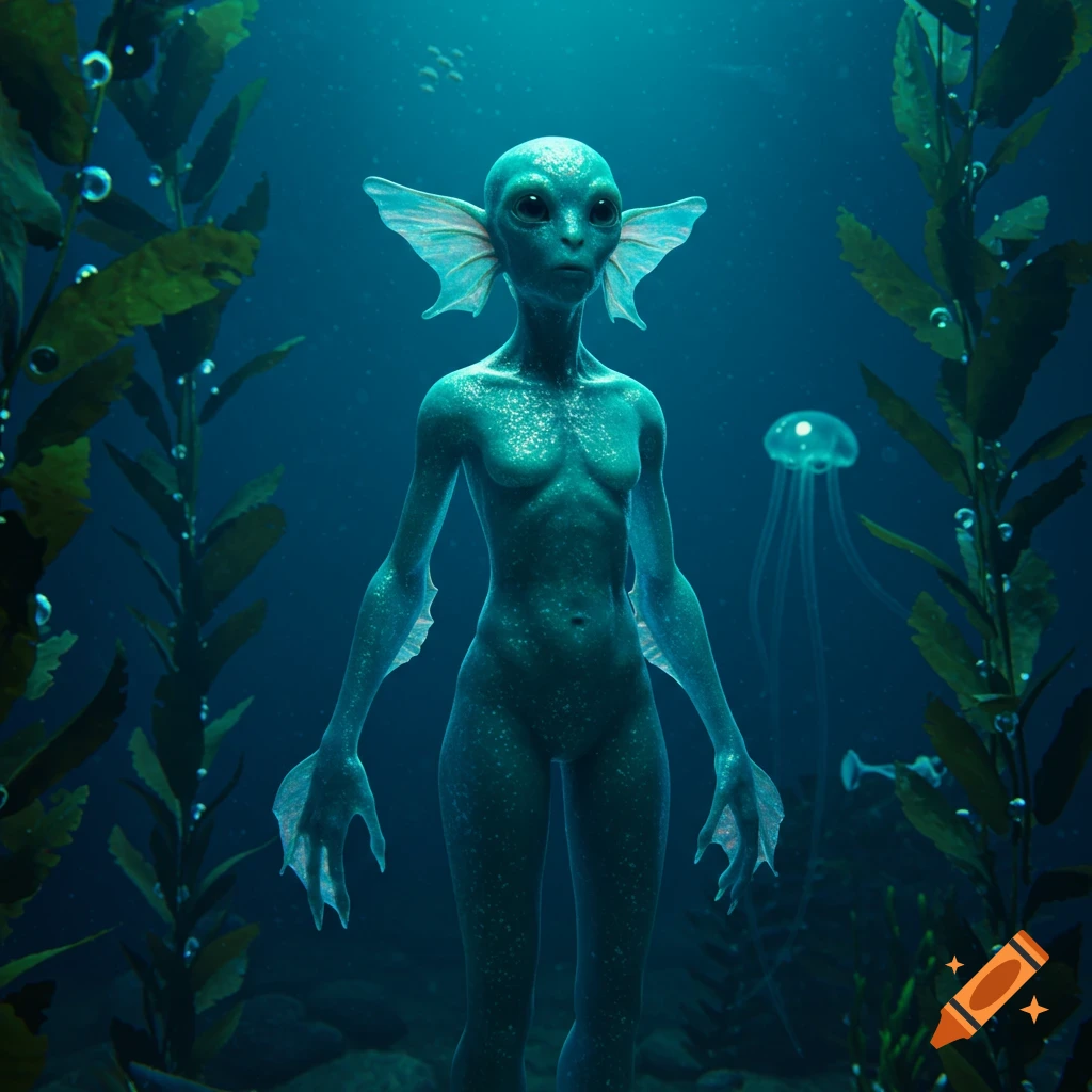 A turquoise aquatic alien humanoid stands underwater amidst kelp and a jellyfish, in a realistic style.