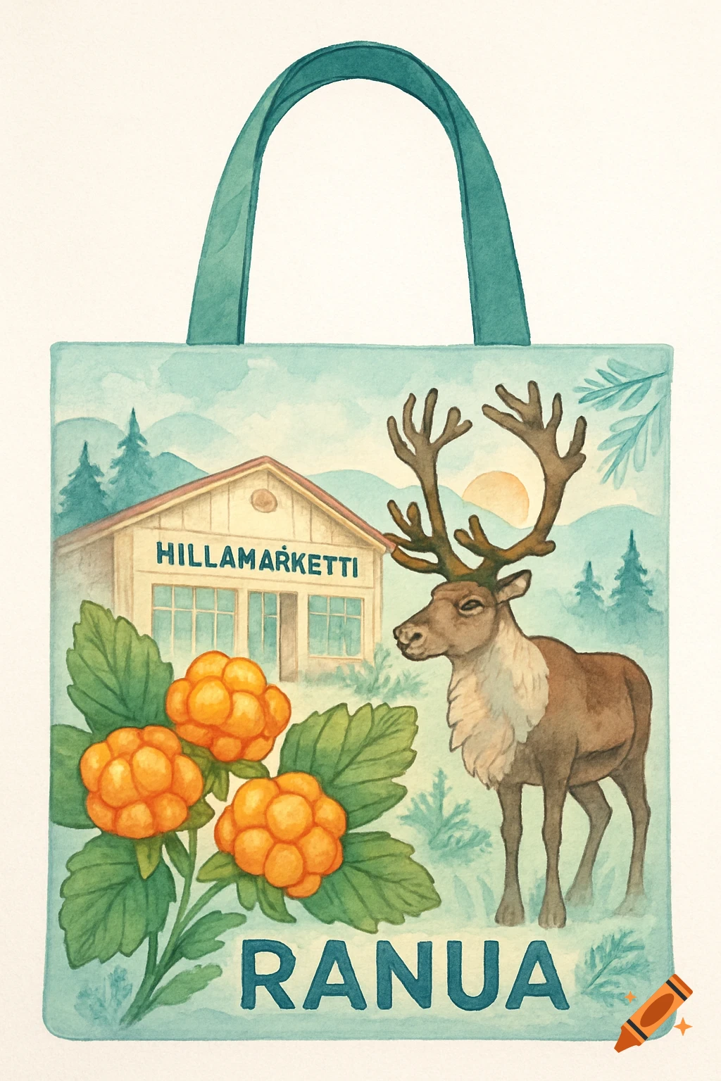 Watercolor illustration on a reusable bag featuring a reindeer, cloudberries, a building with "HILLAMARKETTI" text, and "RANUA" at the bottom.