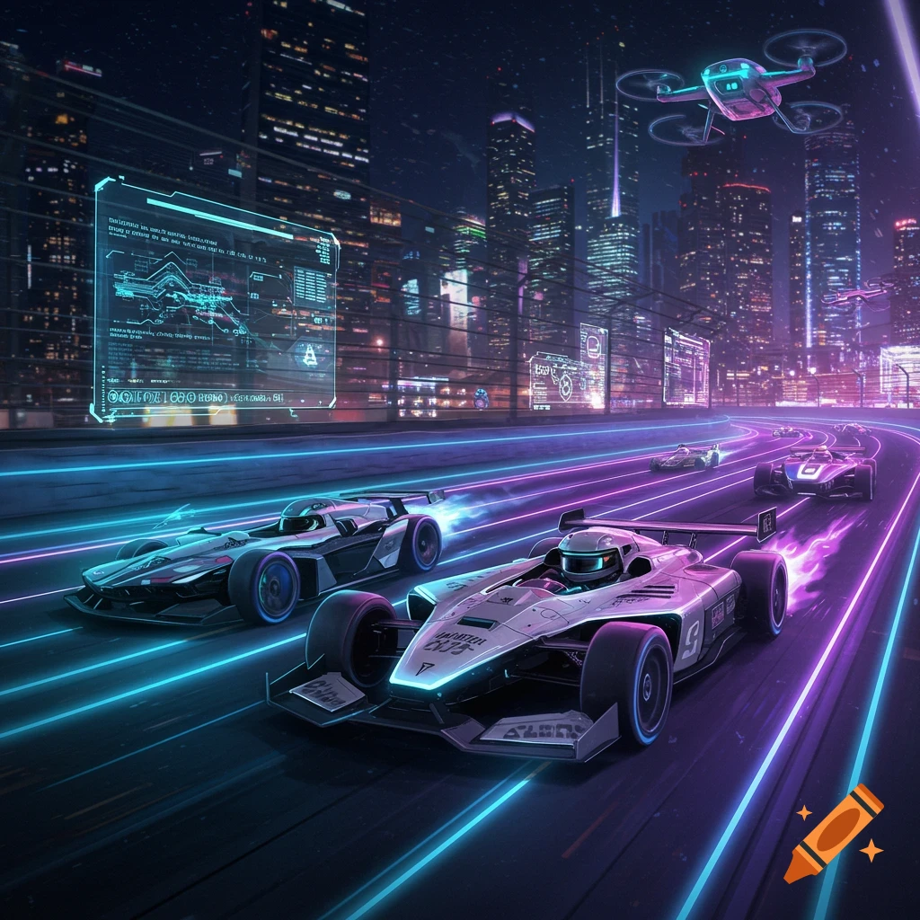 Futuristic racing cars on a neon-lit track through a city at night. Skyscrapers glow in the background, with a drone flying above. Digital art style.