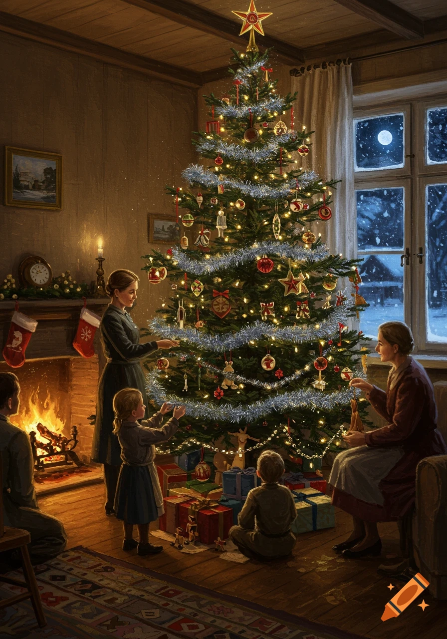 A family decorates a large, lit Christmas tree in a warm, rustic room with a roaring fireplace and snowy window scene at night.