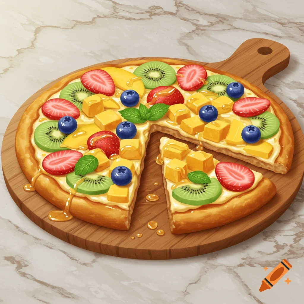 A stylized illustration of a fruit pizza with a slice removed, topped with kiwi, strawberries, blueberries, mango, and honey drizzle, on a wooden board.