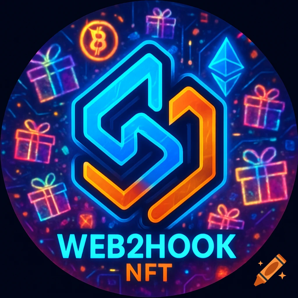 Neon digital logo with a blue and orange interlocking symbol, surrounded by crypto icons and gift boxes, with 'WEB2HOOK NFT' text.
