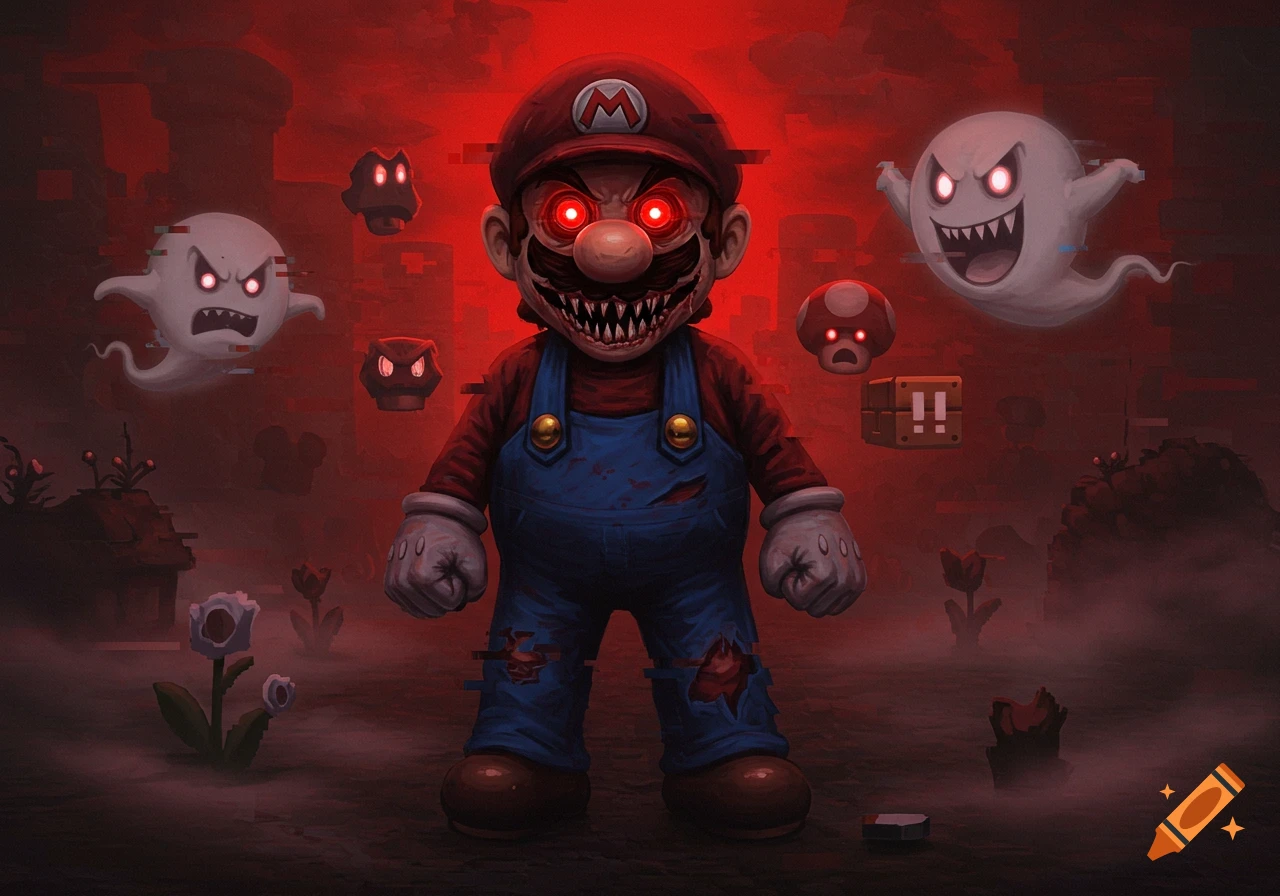 A sinister, glitchy Mario with glowing red eyes and sharp teeth stands in a blood-red, spooky landscape with ghostly Boo figures.