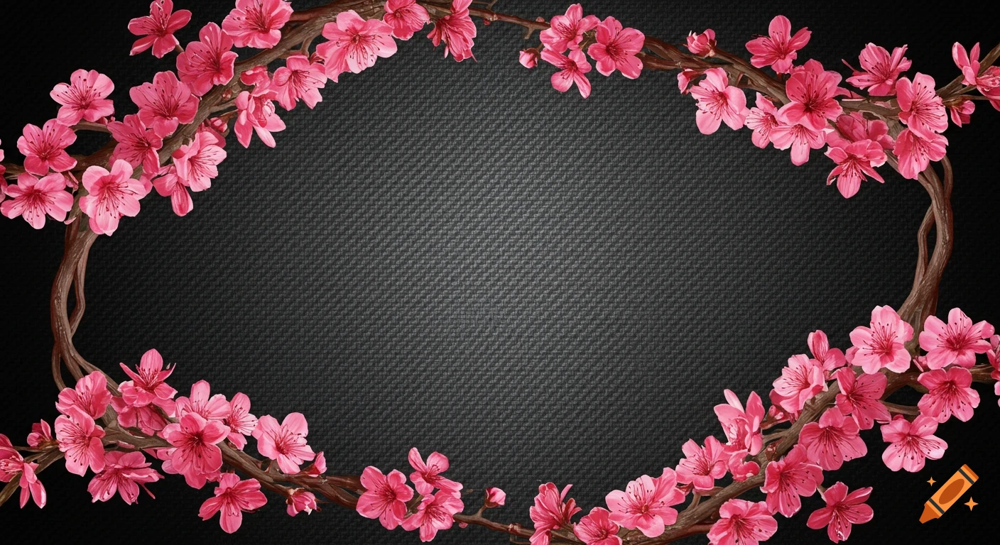 Pink cherry blossom branches form an oval frame against a dark carbon fiber background.