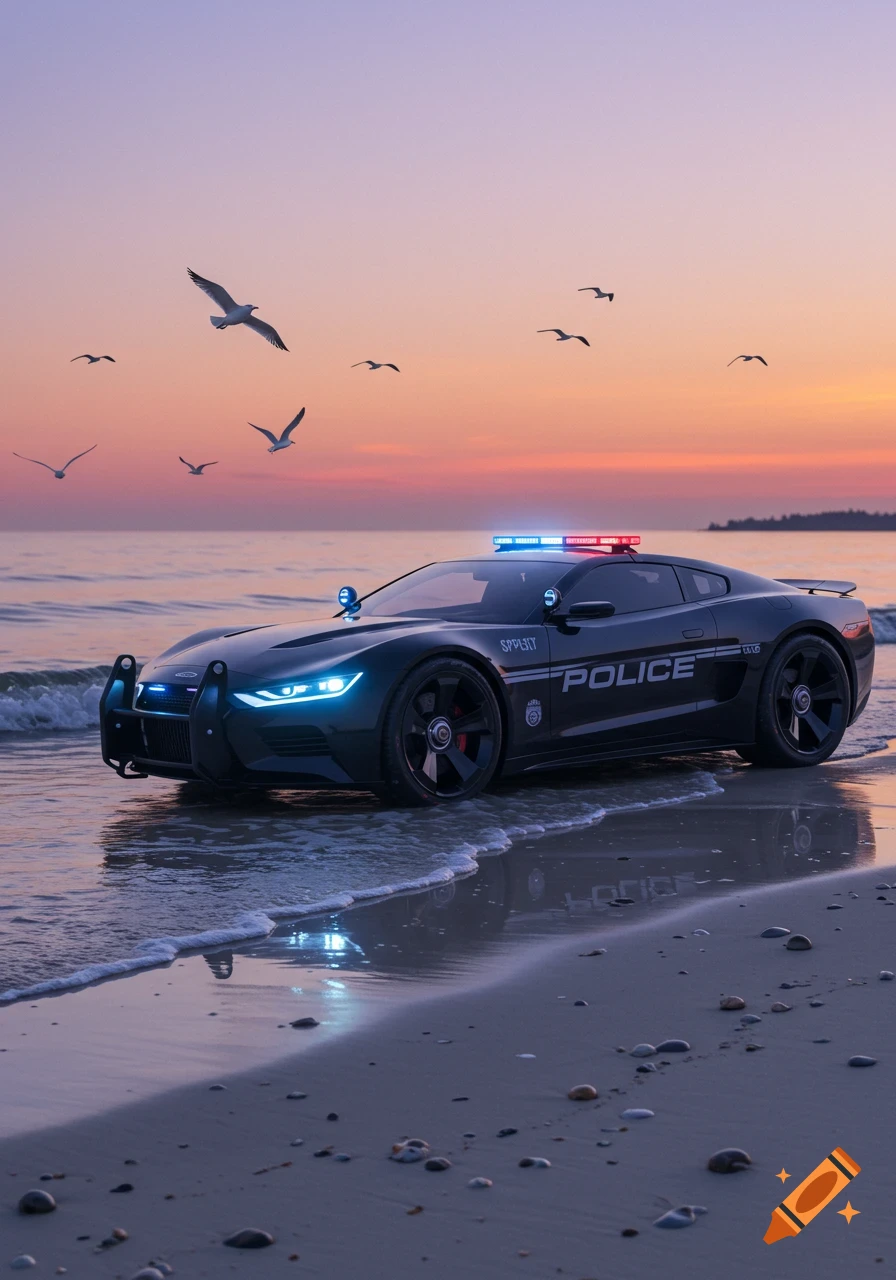 A futuristic black police car sits on a wet sandy beach with gentle waves under a vibrant sunset sky, as seagulls fly overhead.