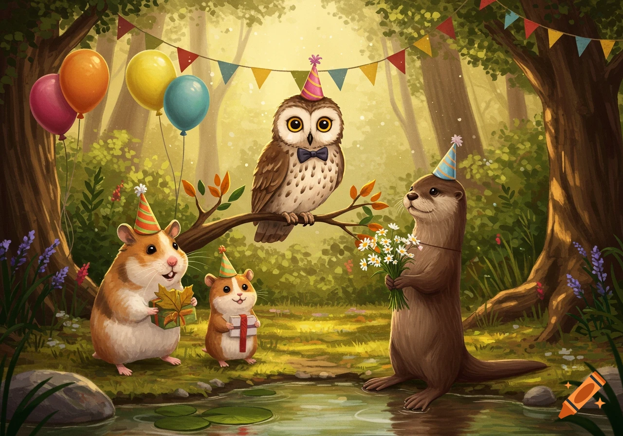 Cartoon hamsters, an owl, and an otter in party hats celebrate a birthday in an enchanted forest.