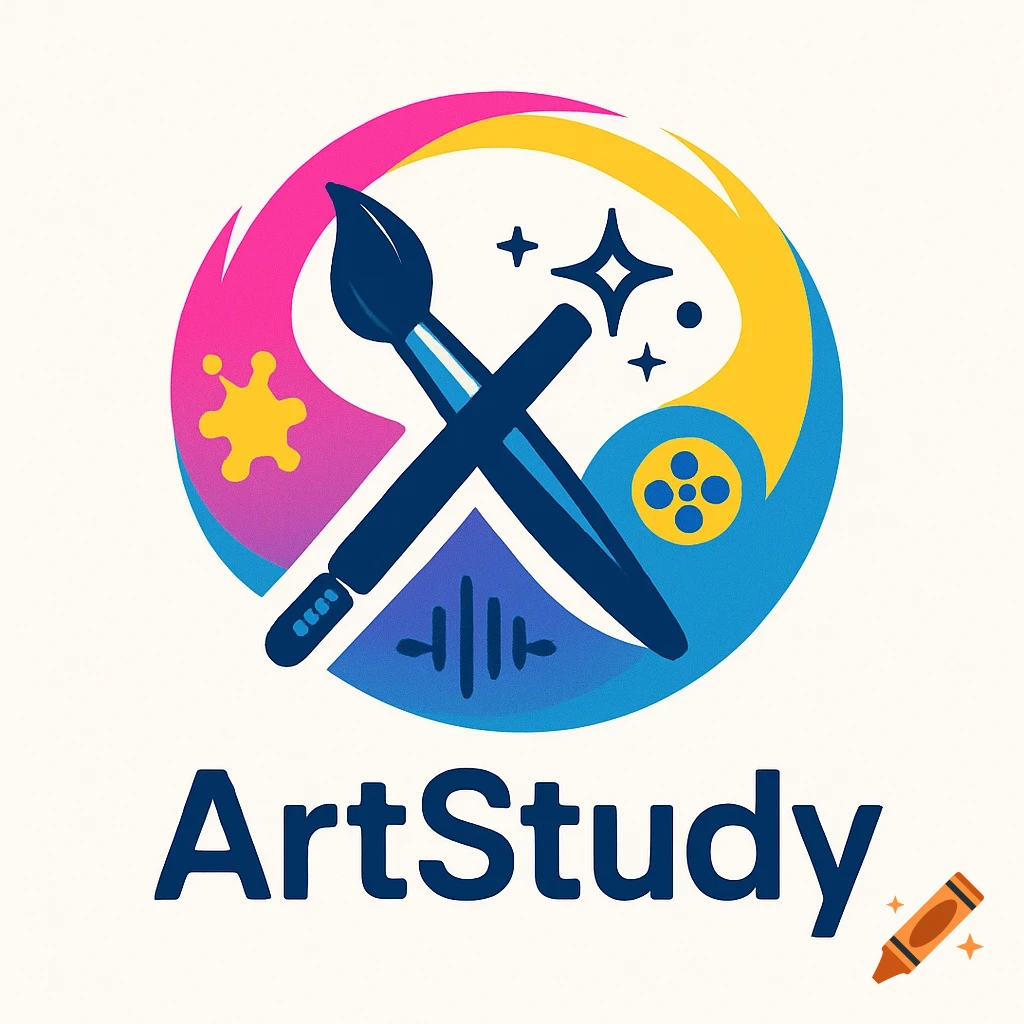 A colorful circular logo for 'ArtStudy' featuring crossed paintbrushes, sparkles, an audio waveform, and a film reel icon.