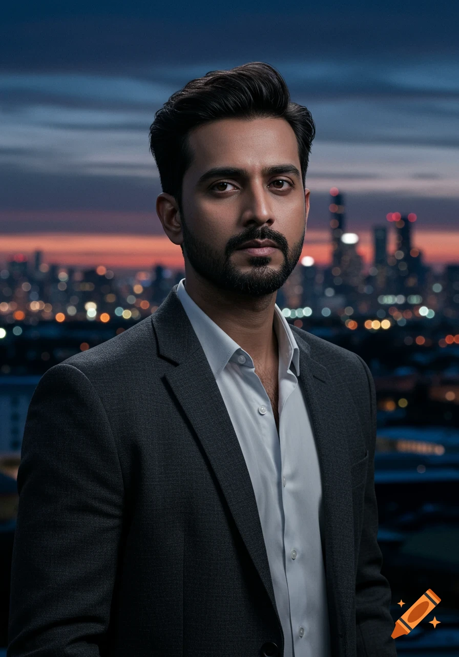 A photorealistic portrait of a man in a suit and white shirt, standing against a blurred city skyline at dusk.