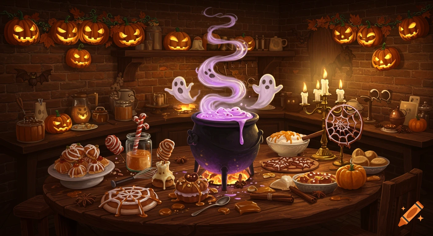 A cozy Halloween kitchen filled with glowing jack-o'-lanterns, a bubbling cauldron with ghosts, and a wooden table laden with various sweet treats.
