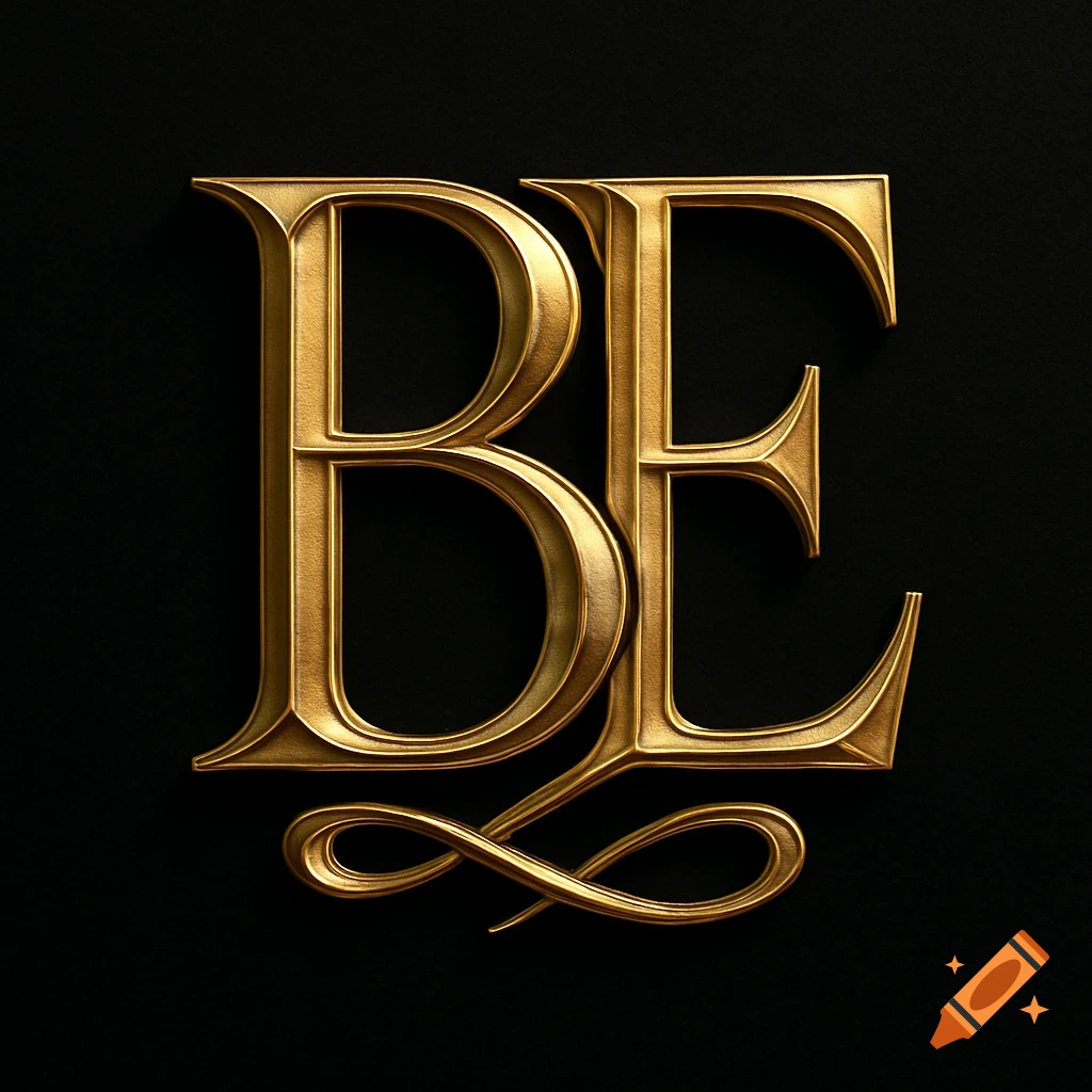 Ornate gold 'BE' monogram with a decorative flourish on a black background, in a luxurious, sculptural style.