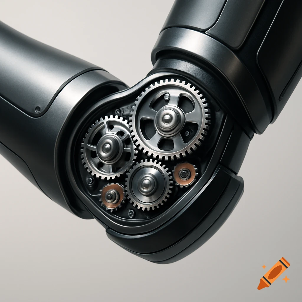 A close-up, photorealistic view of a robotic elbow joint with several exposed silver and copper gears on a plain background.