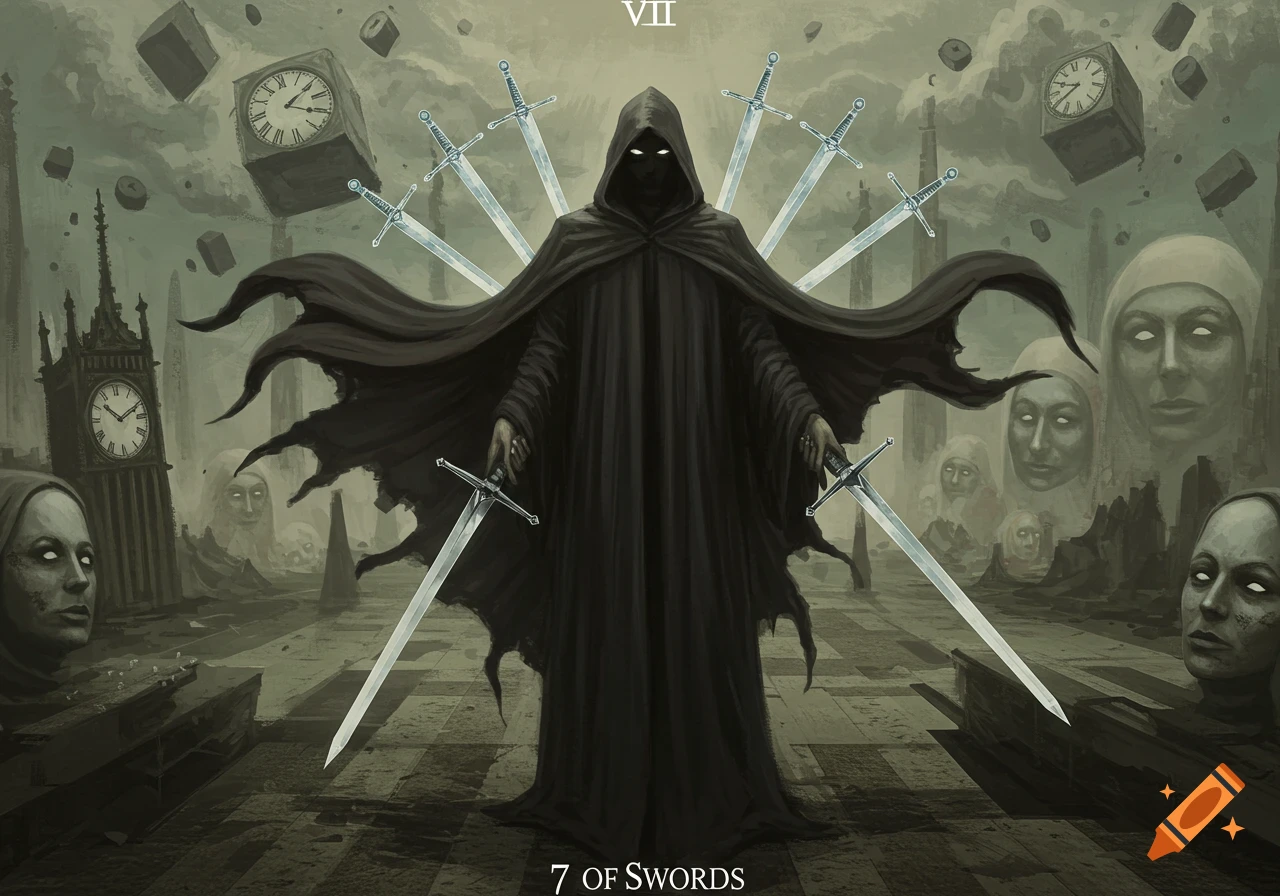 A dark cloaked figure holds two swords, surrounded by floating swords, clocks, and ghostly faces in a surreal, dark fantasy tarot card style.