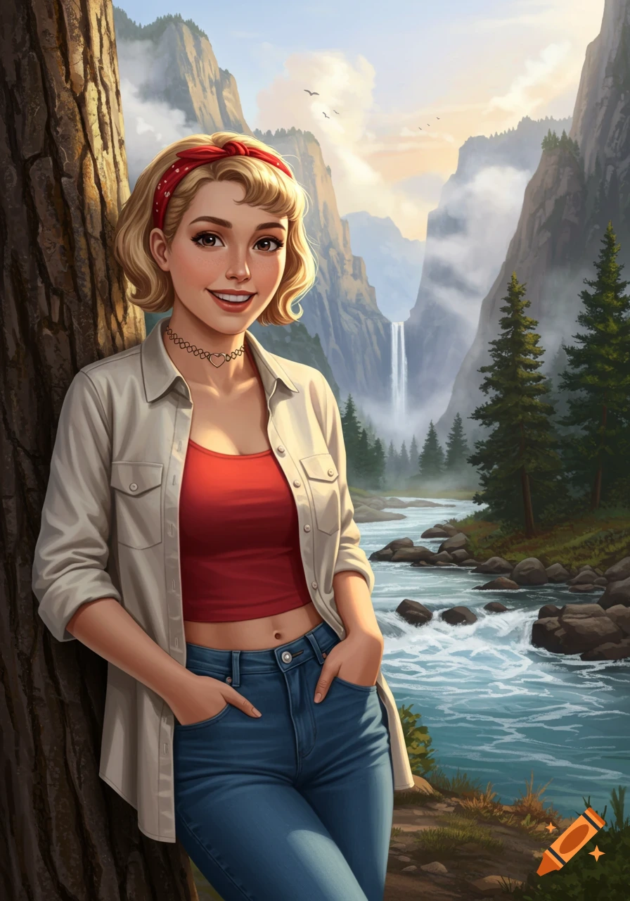 Smiling young woman with blonde hair and red headband leans on a tree by a river with a waterfall and mountains, in an illustrative style.
