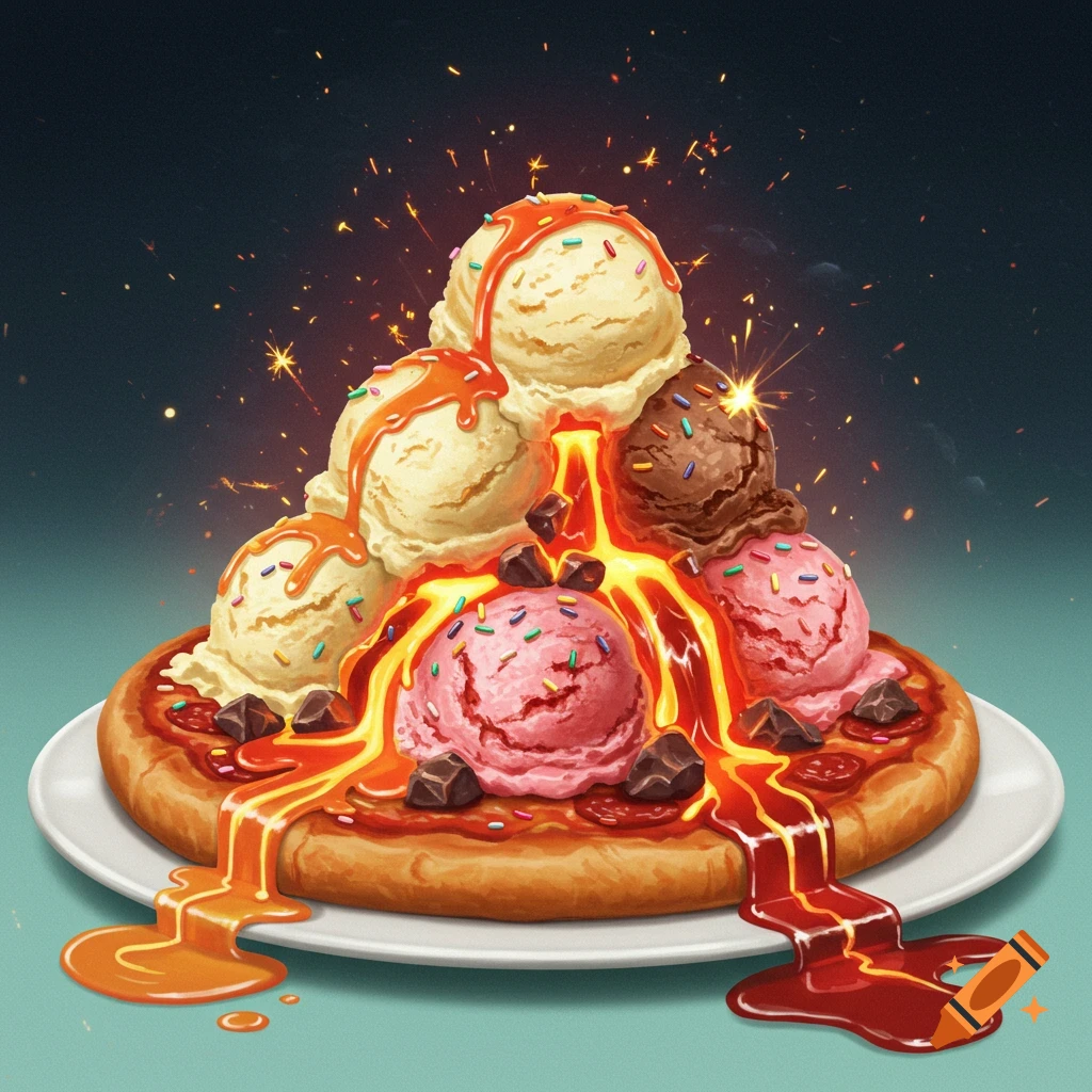 A vibrant ice cream volcano pizza with vanilla, chocolate, and strawberry scoops, flowing caramel and red sauces, sprinkles, and chocolate chunks on a thick crust, with fiery sparks in the background.