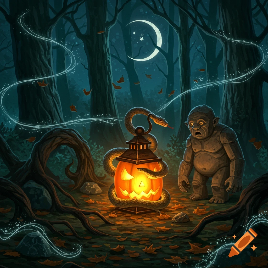 A surprised stone troll looks at a snake wrapped around a glowing jack-o'-lantern in a dark, moonlit fantasy forest.