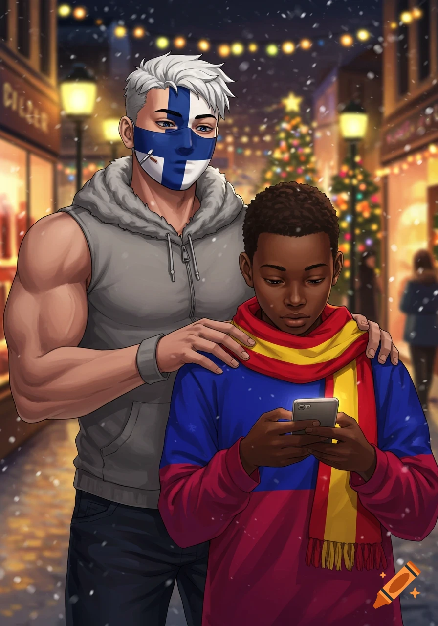 An anime illustration of an older boy with a Finnish mask touching a younger boy's shoulder as he looks at his phone on a snowy Christmas street.