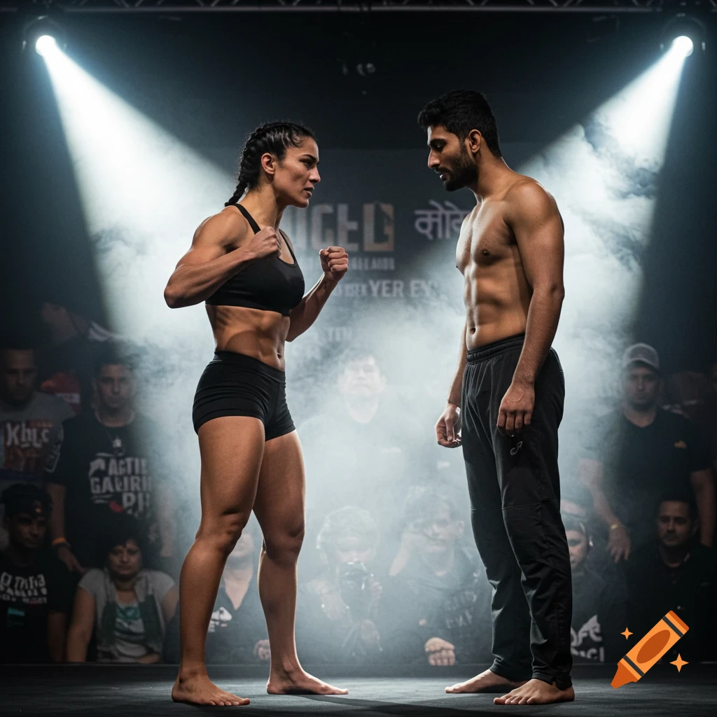 A muscular woman and man face each other on a stage under spotlights in a fight weigh-in, with an audience in the smoky background.