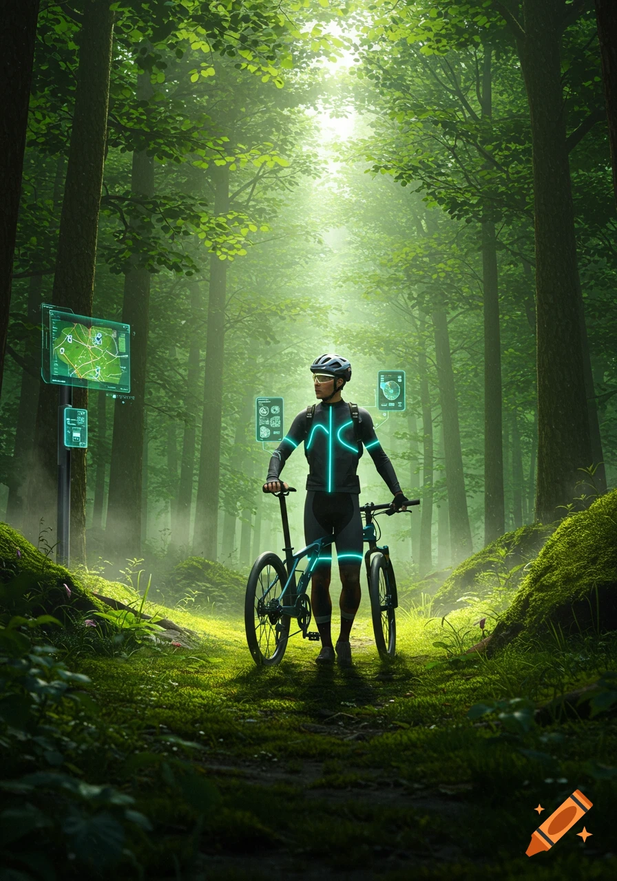 A futuristic cyclist in a glowing suit stands with his bike on a mossy path in a sunlit forest, surrounded by holographic screens displaying maps and data.