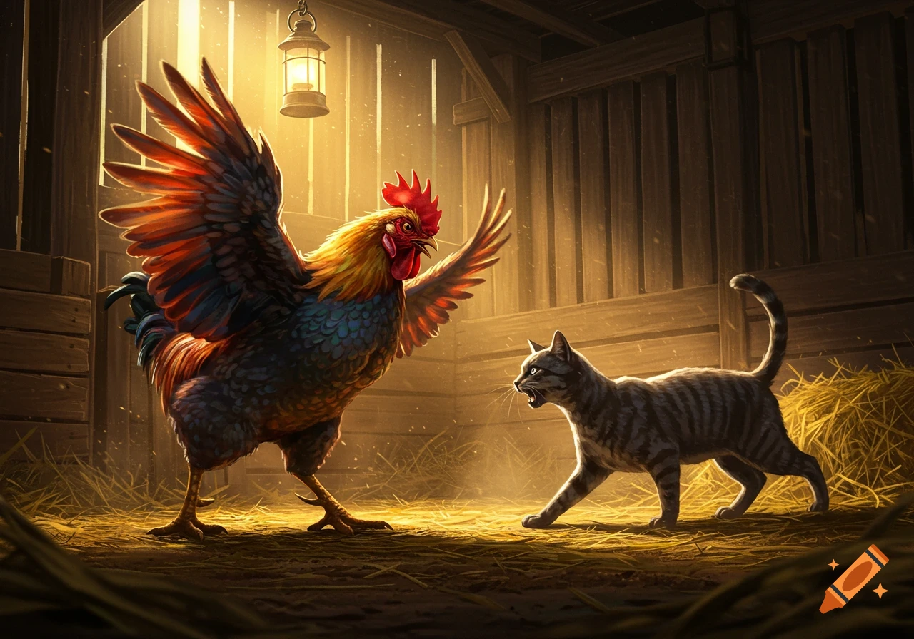 A colorful rooster with spread wings confronts a striped cat in a sunlit barn filled with hay, digital art.