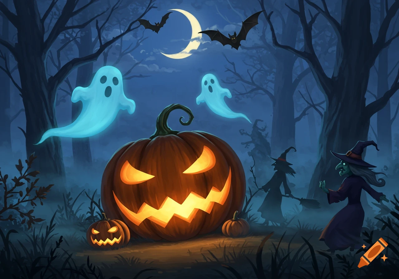 An illustrated Halloween scene featuring a glowing jack-o'-lantern, two ghosts, bats, a witch, and another witch's silhouette in a spooky forest under a crescent moon.