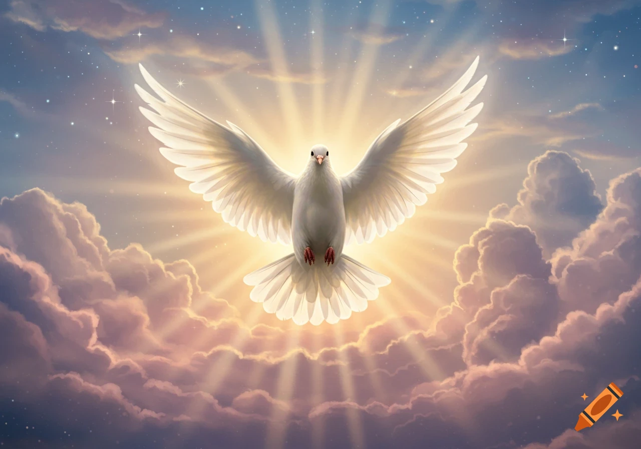 A majestic white dove with widespread wings descends from a heavenly sky, bathed in golden light rays among soft, pastel clouds and sparkling stars.