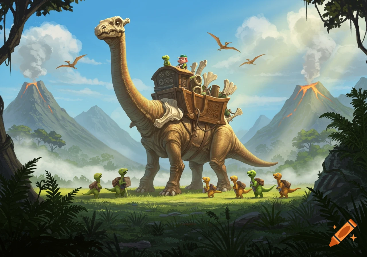 A large long-necked dinosaur carries a wooden carriage with small creatures on its back, followed by smaller dinosaurs in a prehistoric valley. Cartoon style.