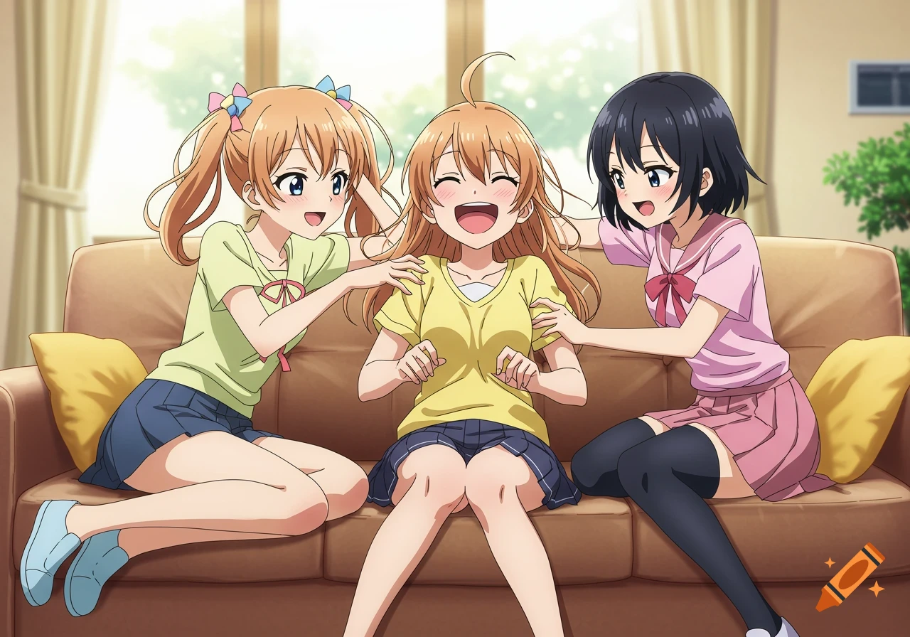 Three anime girls sit on a couch, two tickling the laughing girl in the middle.
