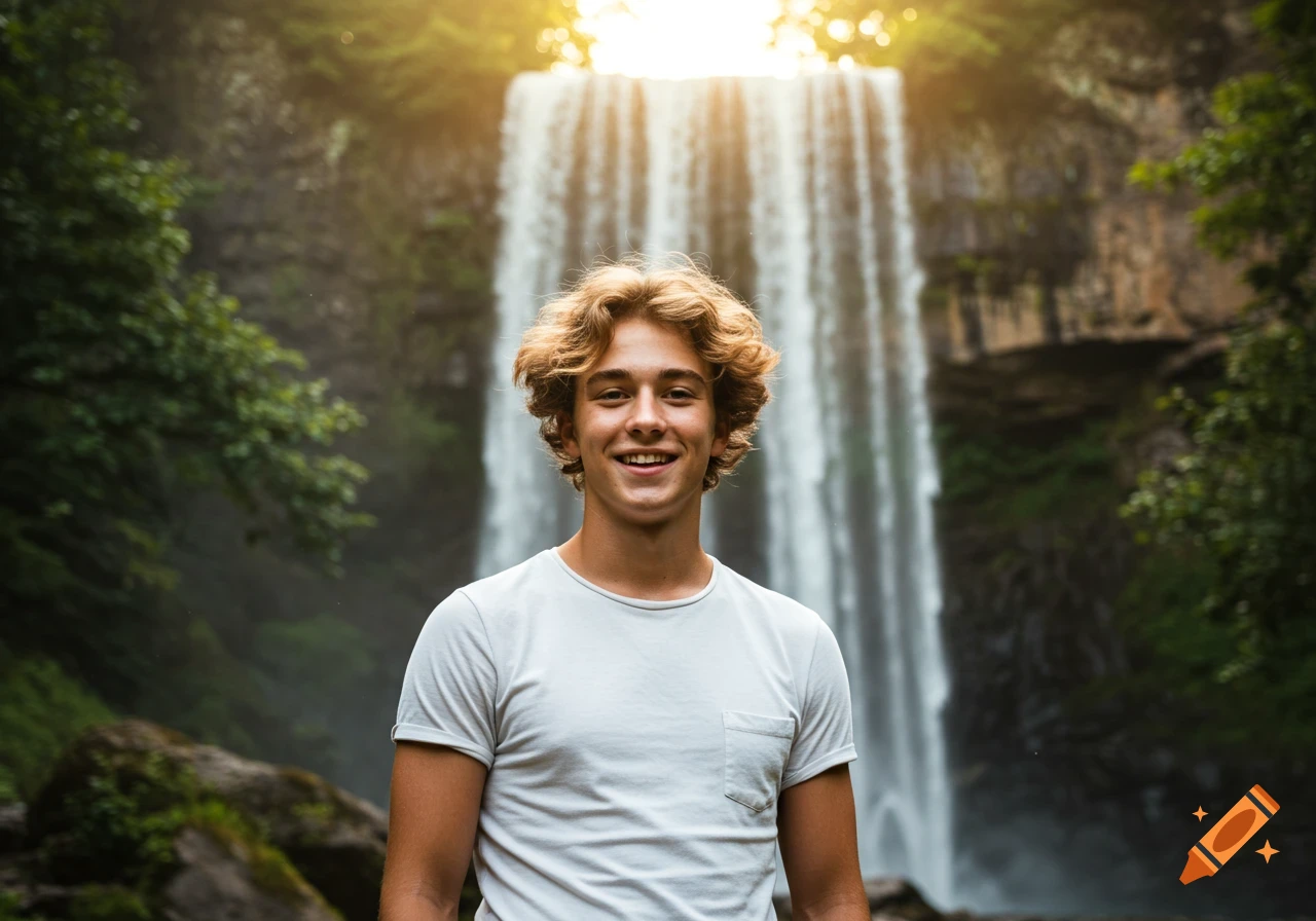 A young man with curly blonde hair smiles at the camera in front of a majestic waterfall.