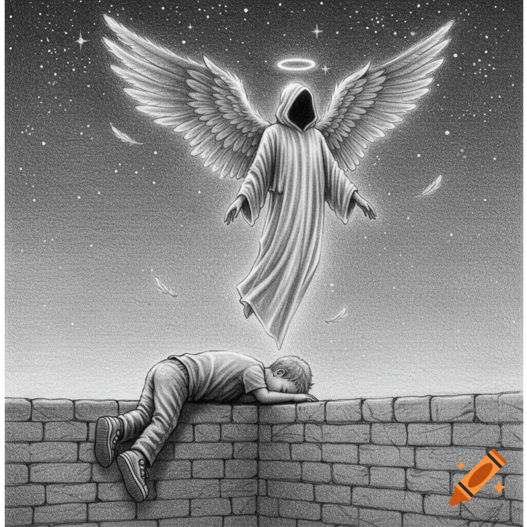 A detailed pencil sketch of a boy sleeping on a brick wall as a hooded, winged angel rises above him into a starry night sky.
