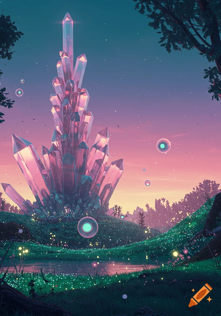A vibrant fantasy landscape with towering pink and purple crystals, glowing green hills, a pond, and floating orbs under a gradient sunset sky.