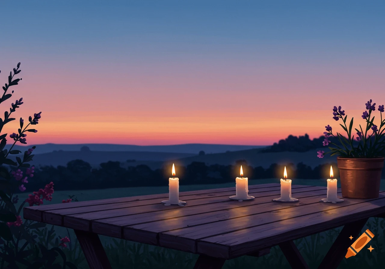 Four lit candles on a wooden table at dusk, with a colorful sunset over hills, illustrated.