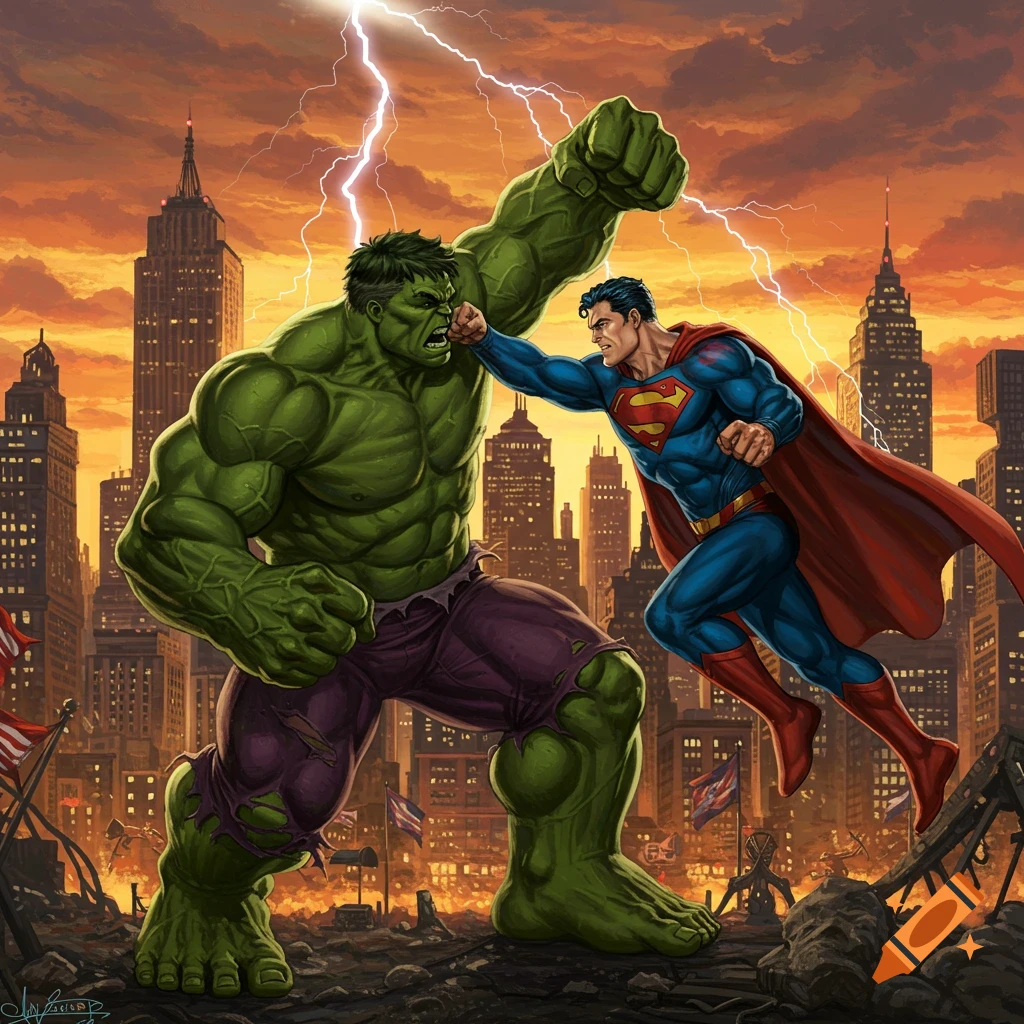 Hulk punches Superman in a stormy city with lightning, in a dramatic comic book illustration style.