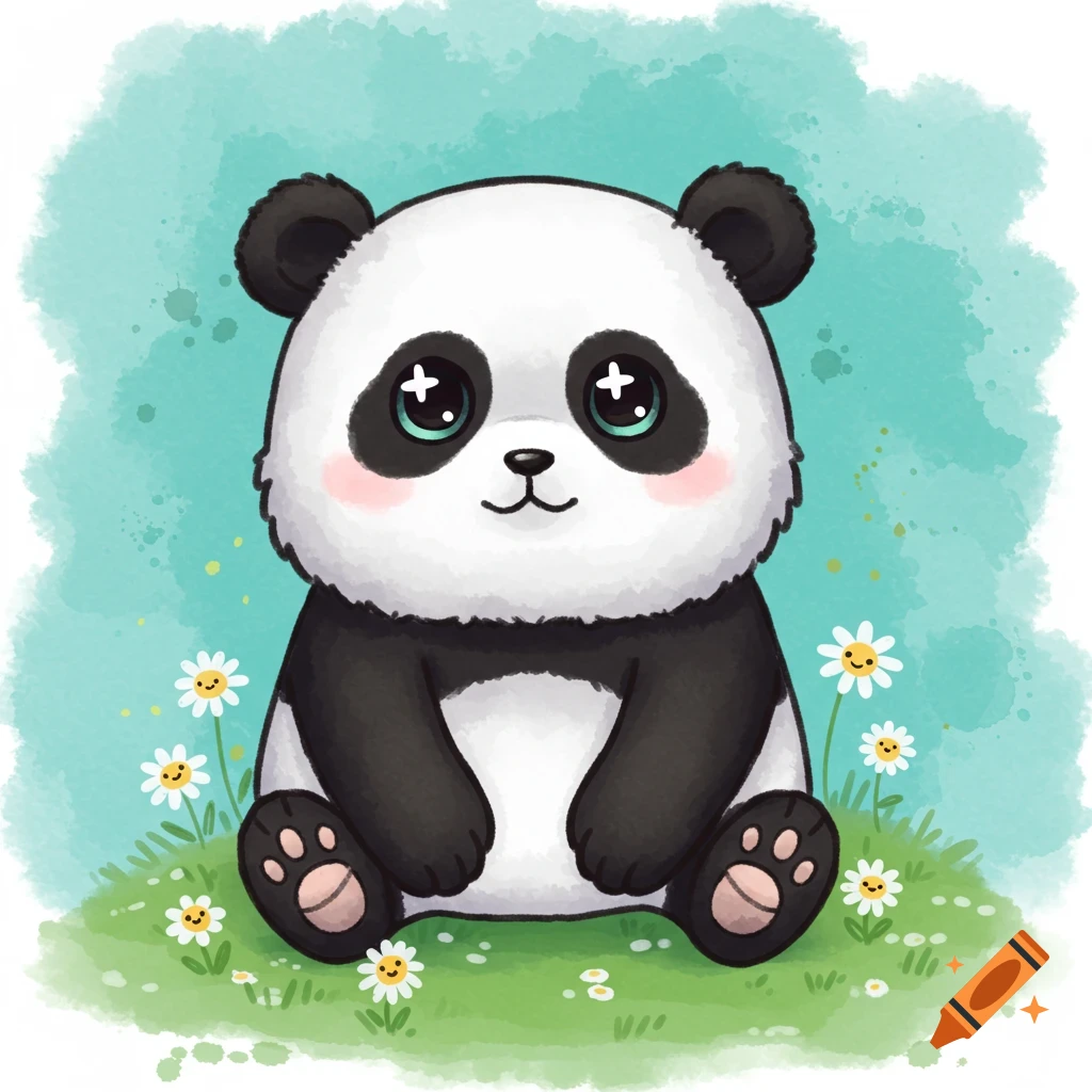 Cute chibi panda with big eyes sitting in green grass with white daisies, against a light blue watercolor background.