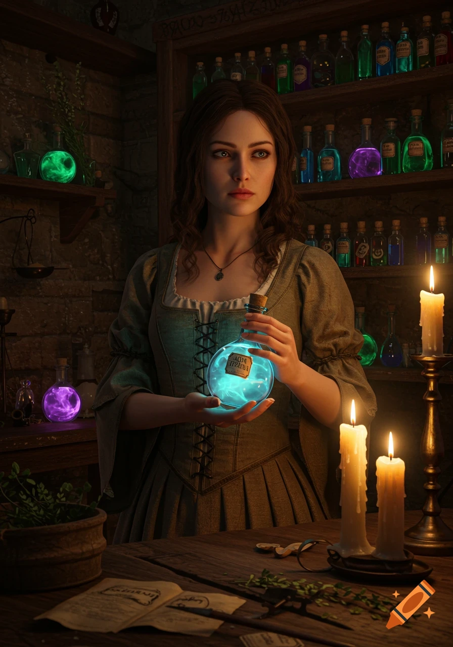 A young woman in medieval attire holds a glowing blue potion in a dimly lit alchemist's room with shelves of bottles and candles.