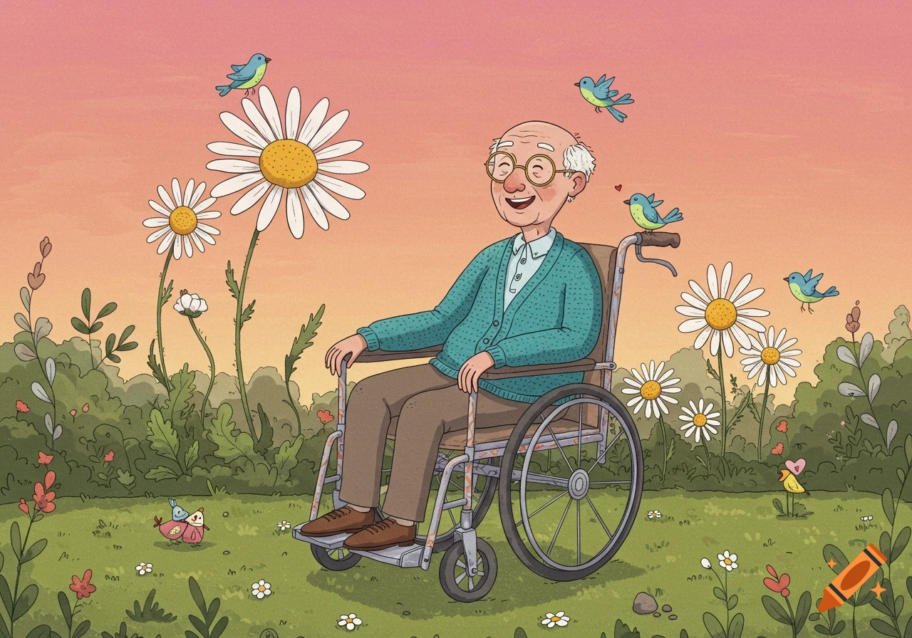 A cheerful cartoon old man in a wheelchair smiles amidst large daisies and small birds in a sunny field.
