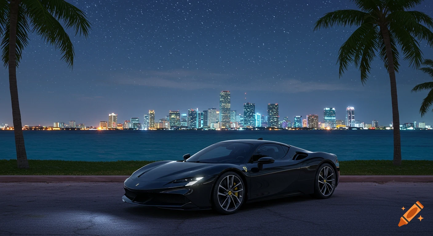 A black Ferrari SF90 parked at night on a street, with a brightly lit cityscape across the water and palm trees.