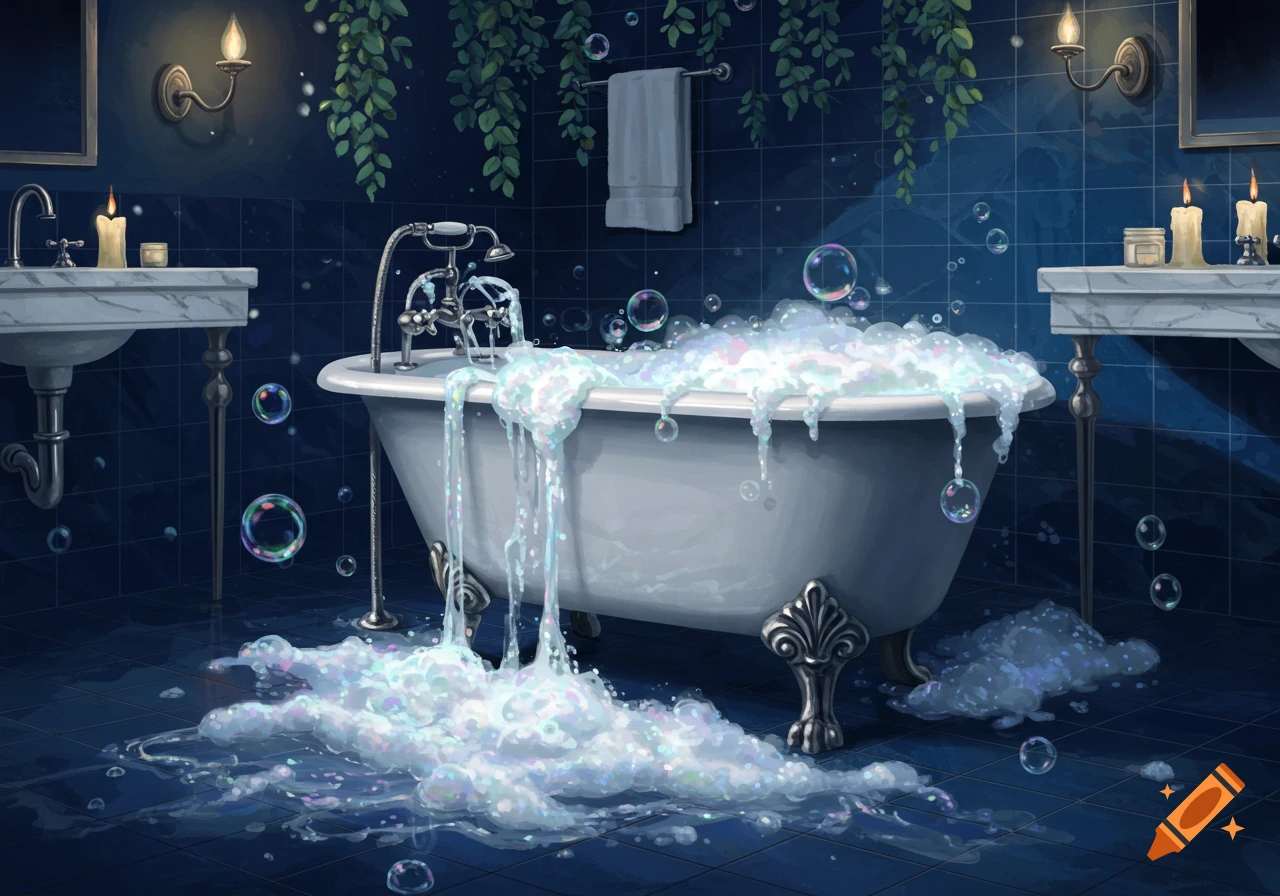 An illustrative image of a clawfoot bathtub overflowing with suds onto a dark blue tiled bathroom floor, with candles and plants.