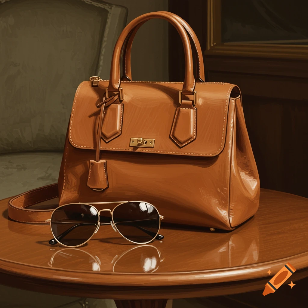 A brown leather handbag sits on a polished wooden table next to a pair of gold-rimmed aviator sunglasses, in a painterly style.