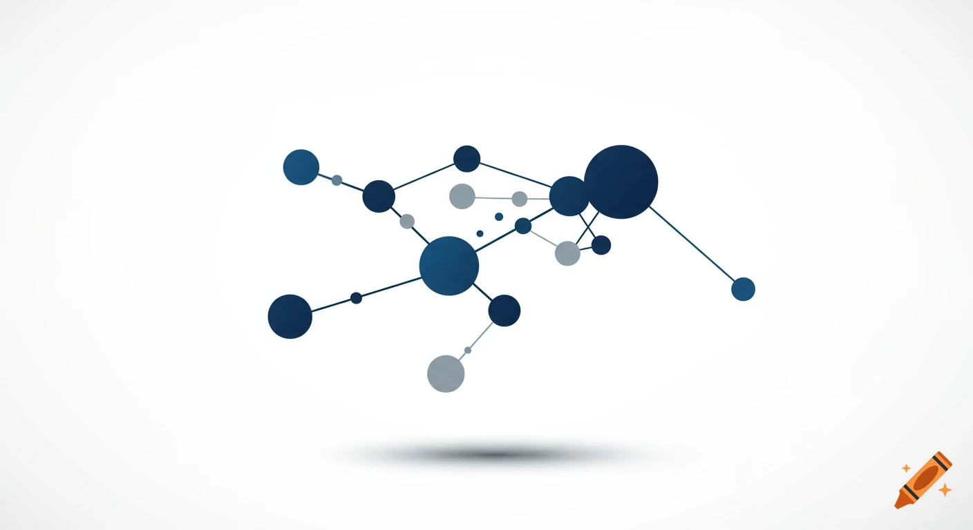 An abstract graphic depicting interconnected blue and grey nodes, forming a decentralized network structure on a white background, with a subtle shadow.