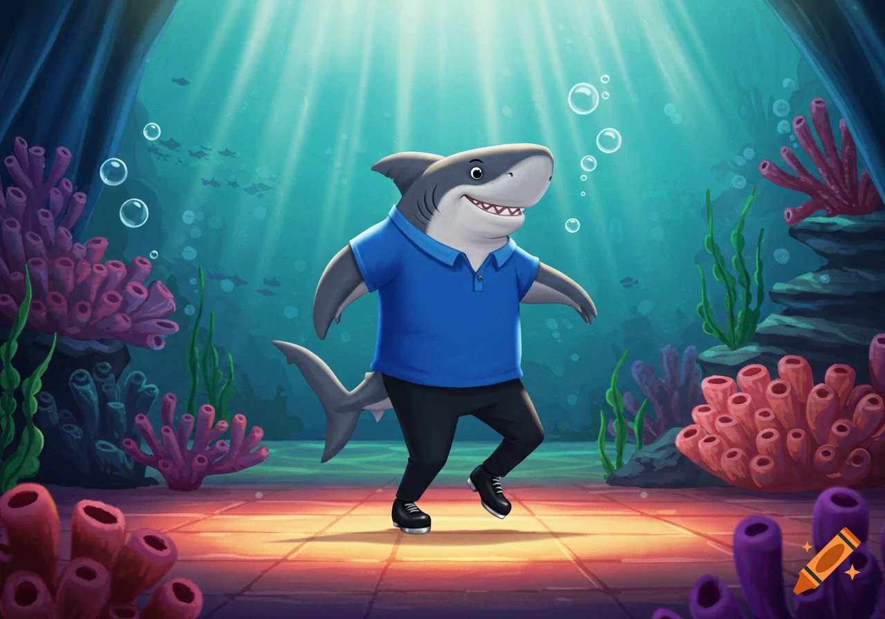 A friendly anthropomorphic cartoon shark wearing a blue polo shirt and black pants tap dances on an illuminated floor in an underwater scene with coral and fish.