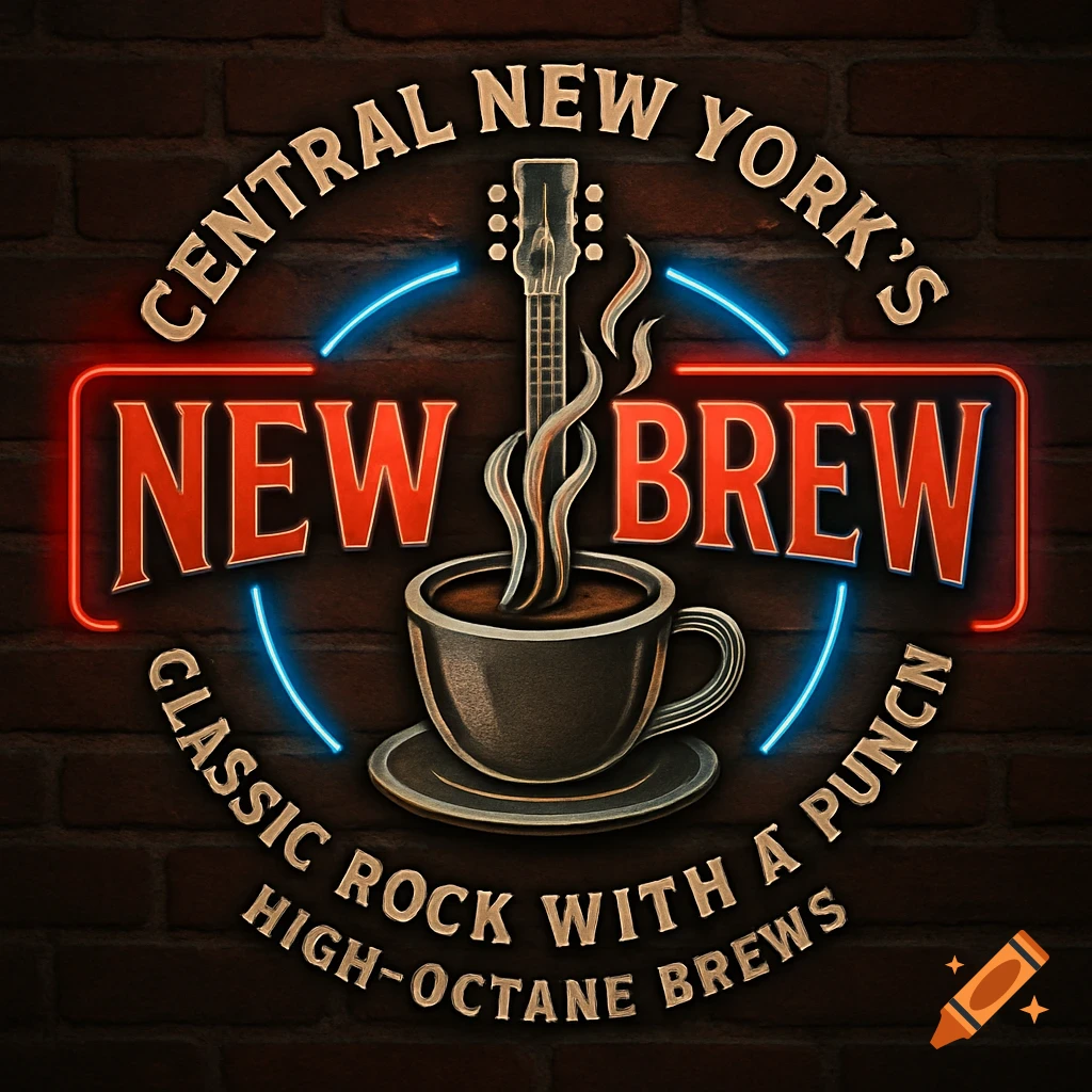 Neon sign logo for 'Central New York's New Brew' with a coffee cup, guitar, and rock music themed text on a brick wall.