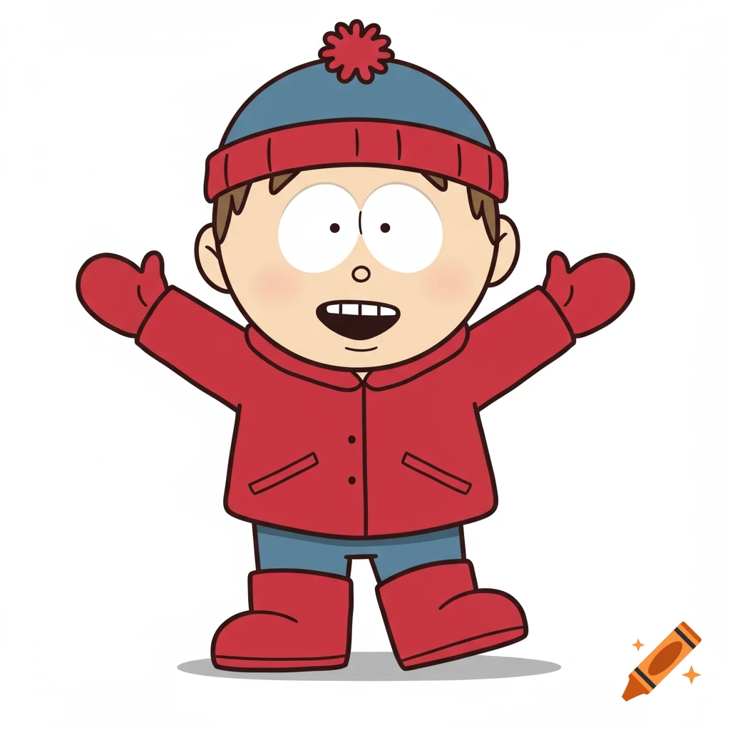 A South Park style cartoon child in a red winter coat, blue hat, red mittens, and red boots, with arms raised, on a white background.