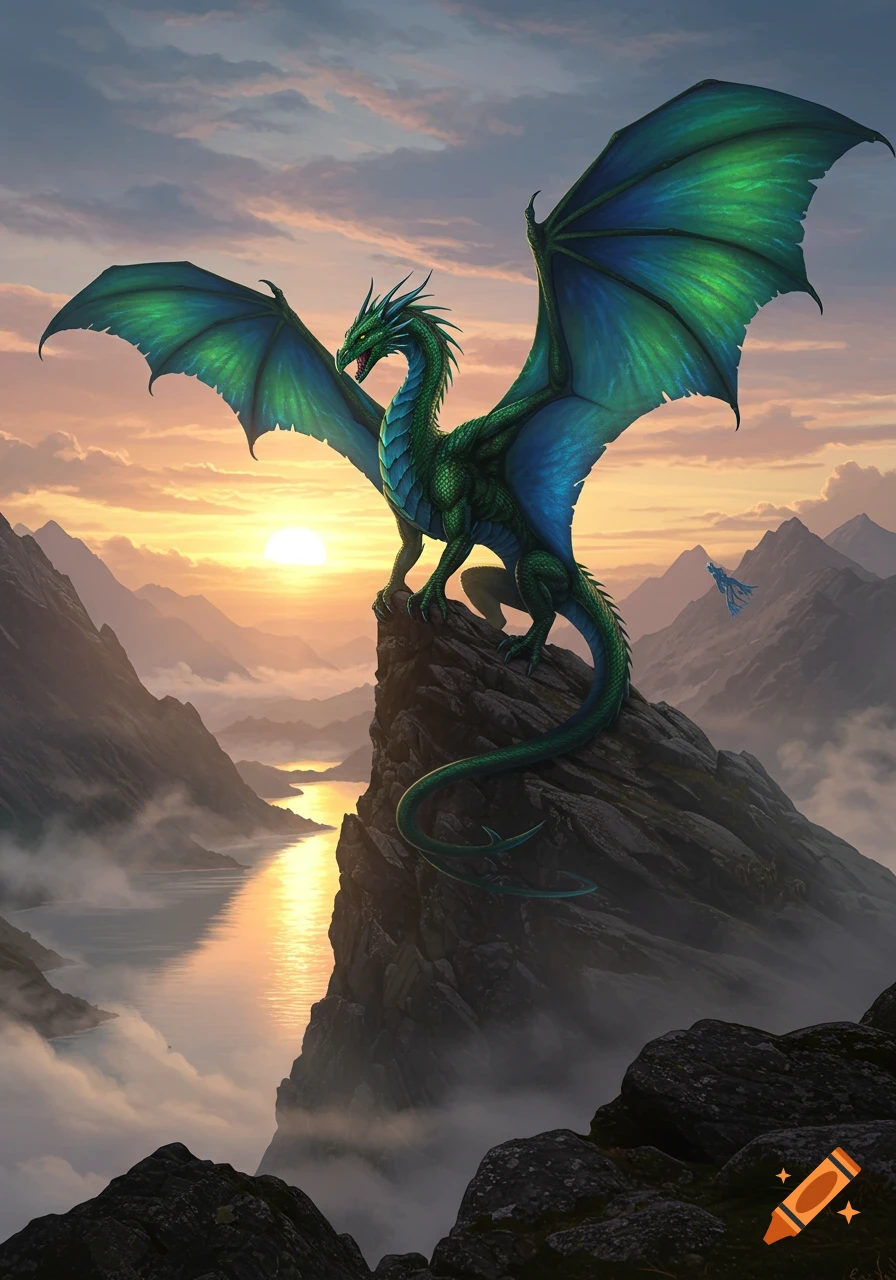 A majestic green and blue dragon with outstretched wings stands on a rocky peak overlooking a shimmering lake at sunset.