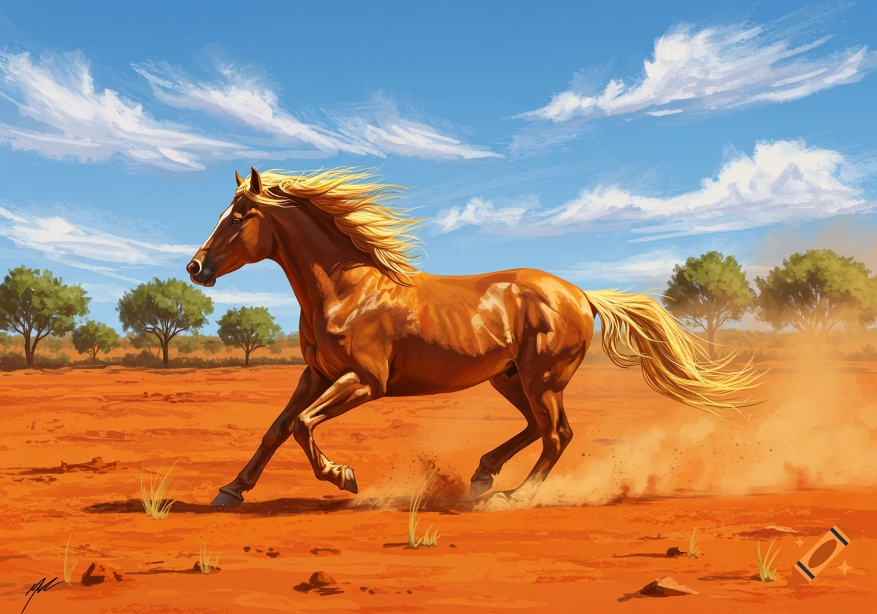 A powerful reddish-brown horse with a blonde mane and tail gallops through a dusty orange landscape under a bright blue sky.