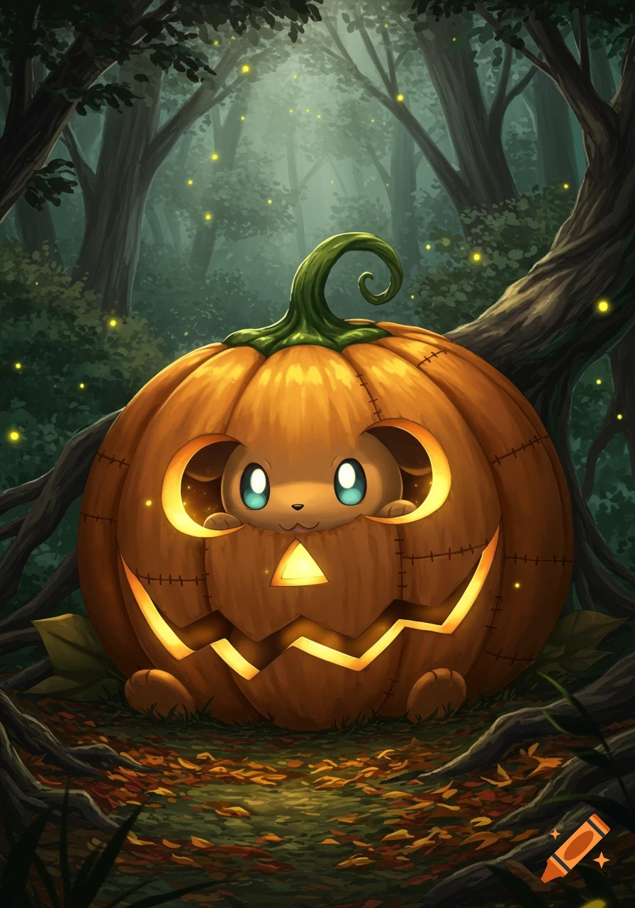 A cute Eevee-like Pok émon peeks from a glowing jack-o'-lantern in a mystical, firefly-lit forest. Digital art style.