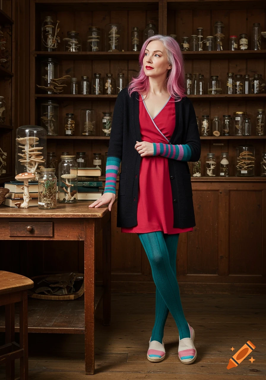 A woman with pink hair, wearing a red dress, black cardigan with striped sleeves, and teal tights, stands in a wooden room filled with shelves of preserved specimens and mushrooms.