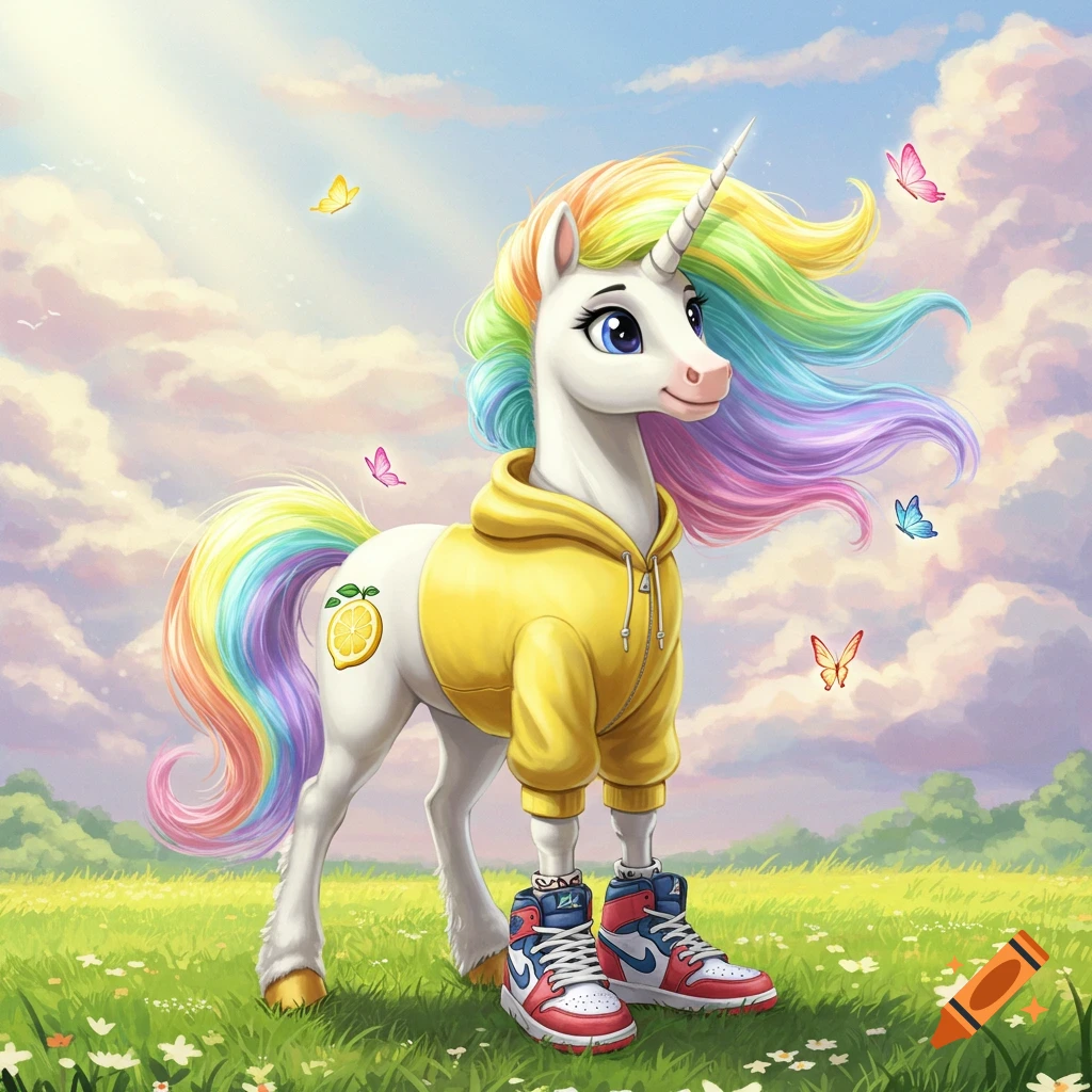 A cartoon white unicorn with a rainbow mane and tail wears a yellow hoodie and red and blue sneakers in a sunny green field with butterflies.